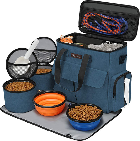 Dog or Cat Travel Bag, Weekend Pet Travel Set, Airline Approved Tote Organizer with Multi-Function Pockets, 2 Food Storage Containers, 2 Collapsible Bowls, 1 Feeding Mat (Blue)